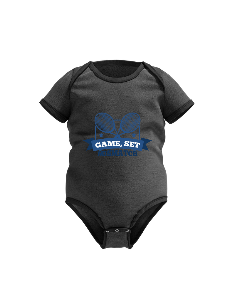 A black baby grow with the funny tennis slogan on the front that reads 'Game, Set, Mismatch'