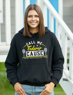 A lady wearing a black hoodie with the funny tennis slogan on the front that reads 'Call Me Federer ’Cause I Just Schooled You'