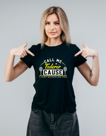 A lady wearing a black t-shirt with the funny tennis slogan on the front that reads 'Call Me Federer ’Cause I Just Schooled You'