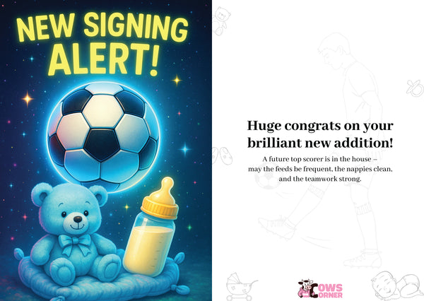 Promotional card with soccer ball, teddy bear, and baby bottle on a blue background with text. A Cows Corner personalised card