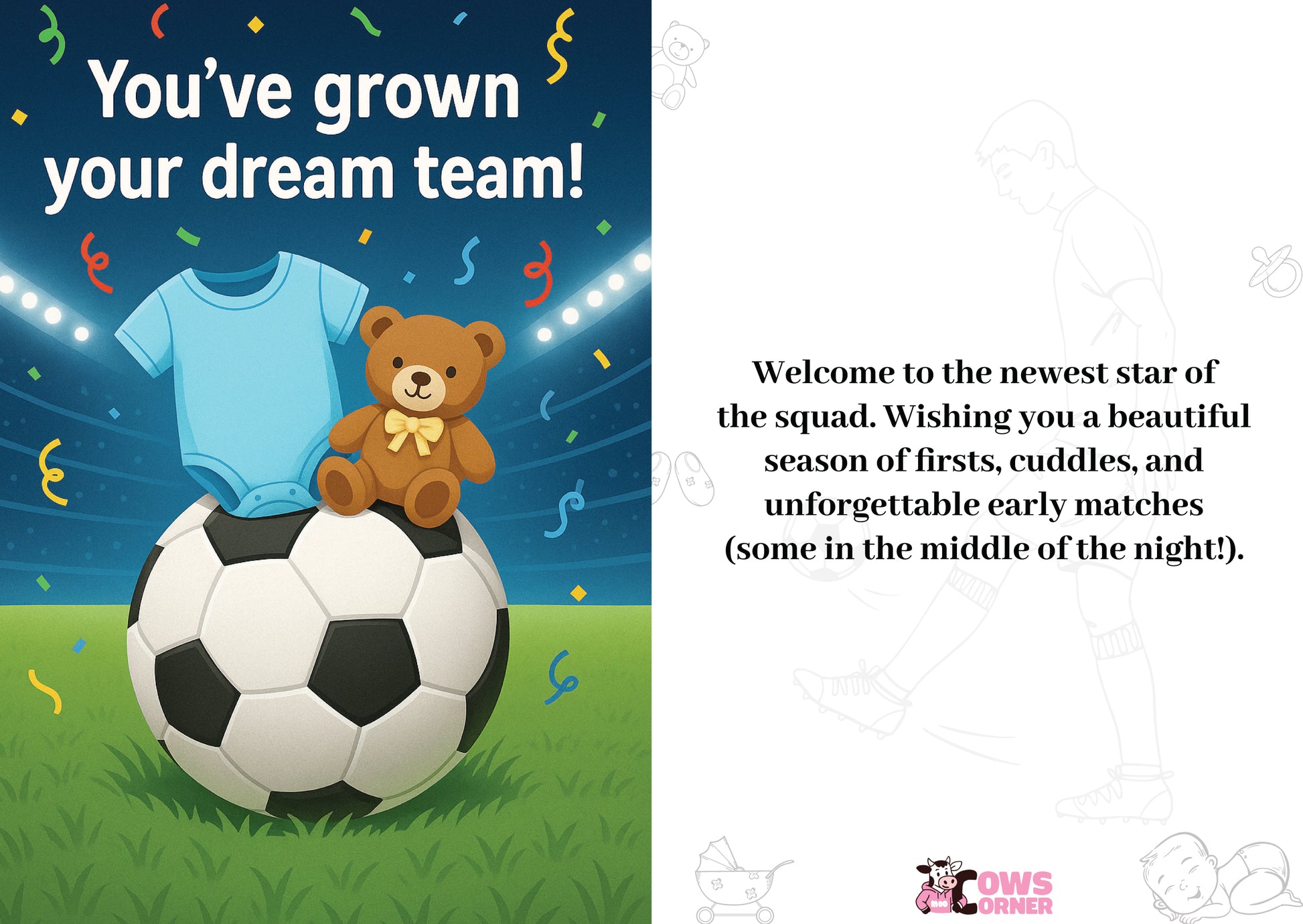 Newborn baby announcement card with soccer ball, teddy bear, and baby onesie on a grassy field background. A Cows Corner personalised card