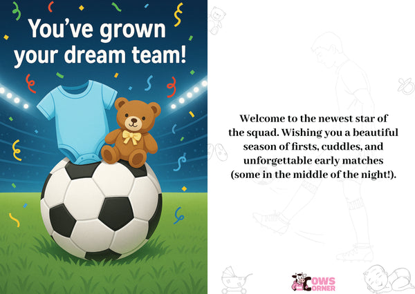 Newborn baby announcement card with soccer ball, teddy bear, and baby onesie on a grassy field background. A Cows Corner personalised card