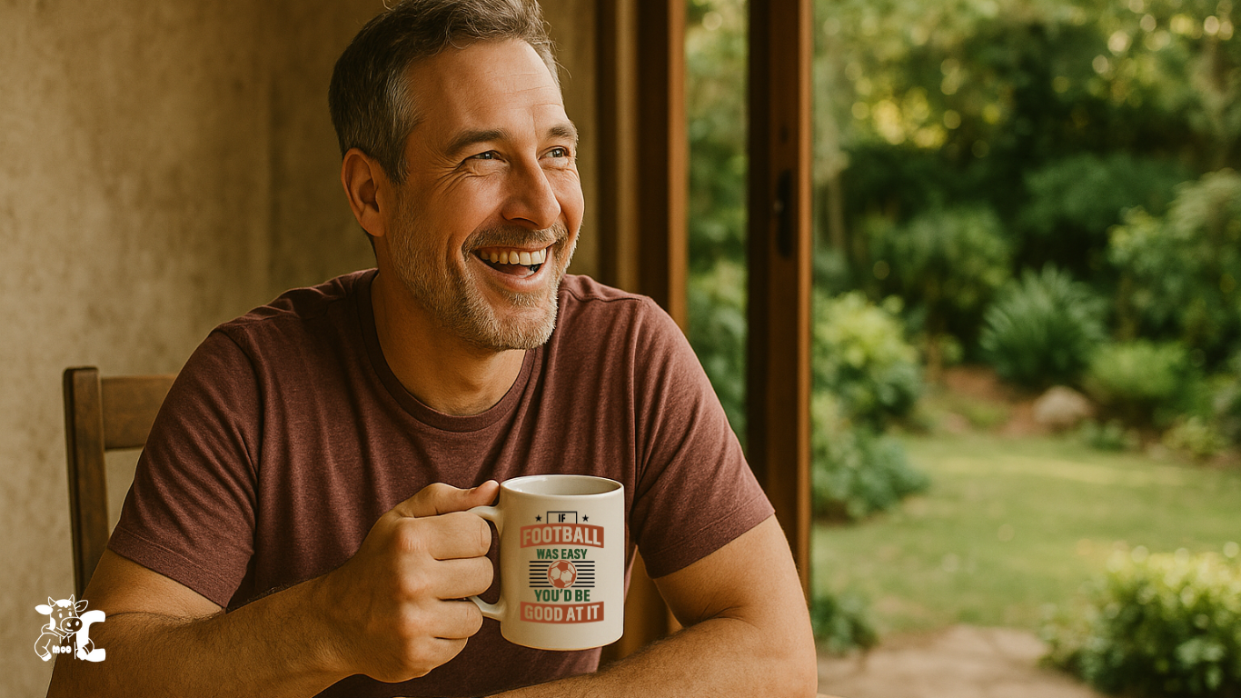 Man holding a mug with a garden view in the background showcasing Cows Corner product