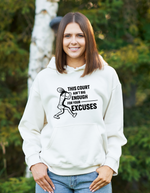 A lady wearing a white hoodie with a funny tennis slogan on the front that reads 'This Court Ain't Big Enough For Your Excuses'