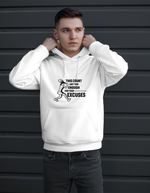 A man wearing a white hoodie with a funny tennis slogan on the front that reads 'This Court Ain't Big Enough For Your Excuses'