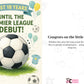 Soccer ball with text about Premier League debut and congratulations on a child's soccer skills. A Cows Corner personalised card