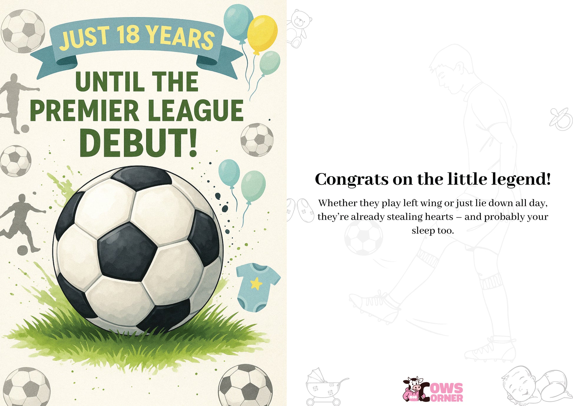 Soccer ball with text about Premier League debut and congratulations on a child's soccer skills. A Cows Corner personalised card