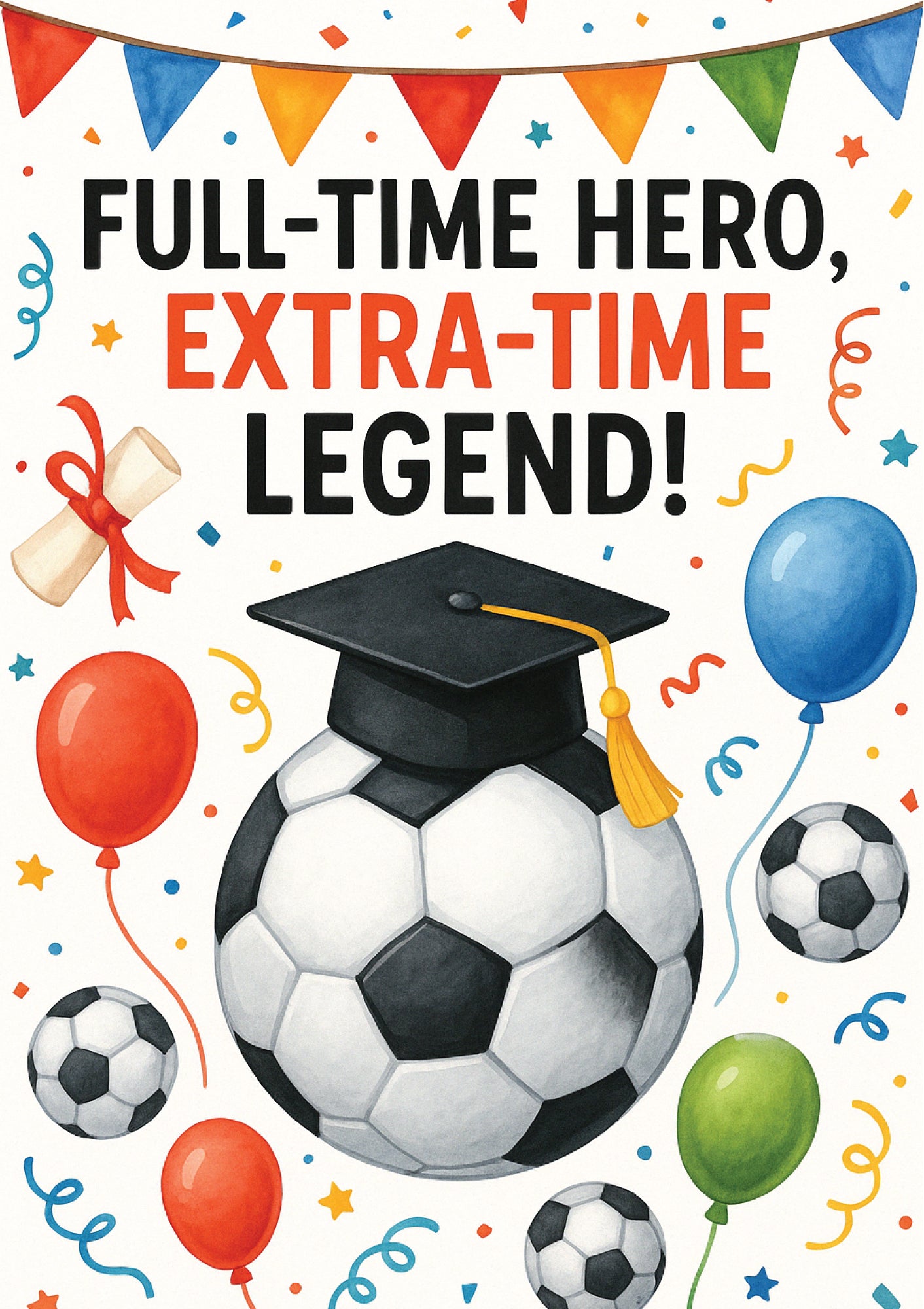 Graduation-themed design with soccer ball, balloons, and text 'Full-Time Hero, Extra-Time Legend' on a colorful background. A Cows Corner personalised card