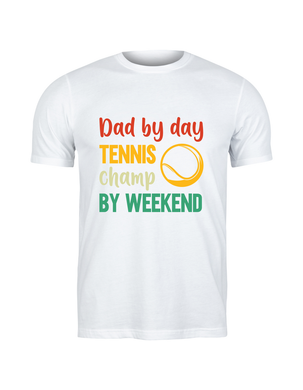 A white t-shirt with a funny tennis slogan on the front that reads 'Dad By Day, Tennis Champ By Weekend'