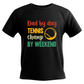 A black t-shirt with a funny tennis slogan on the front that reads 'Dad By Day, Tennis Champ By Weekend'