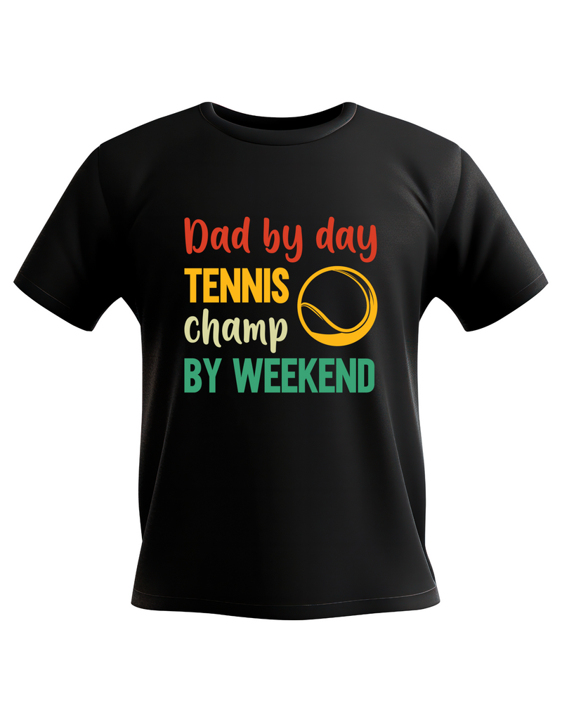A black t-shirt with a funny tennis slogan on the front that reads 'Dad By Day, Tennis Champ By Weekend'