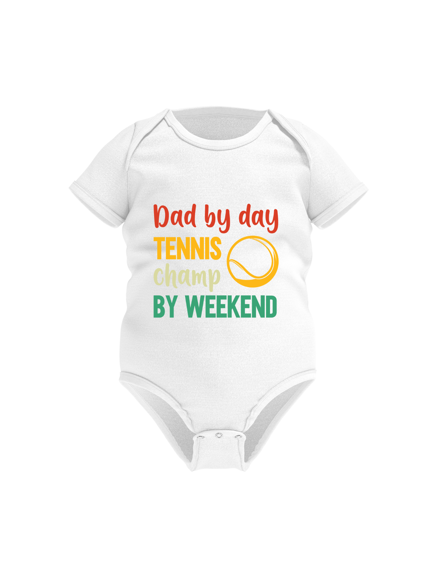 A white baby grow with a funny tennis slogan on the front that reads 'Dad By Day, Tennis Champ By Weekend'