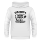 White hoodie with black text and graphics on a white background.  This is a Cows Corner hoodie with the funny cricket birthday slogan 'Old, Bold & Still Looking for a Decent Length. Happy Birthday'. Cows Corner gifts are perfect for sport-mad fans, these gifts work brilliantly for birthdays, new baby celebrations, Father’s Day, Mother’s Day, Christmas, anniversaries, thank you gifts, end-of-season team awards, graduations, retirements, and just-because moments when you want to raise a smile. 
