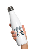 A white water bottle with the funny cricket coach saying on the front that reads 'To My Coach Who Made Me Believe in My First Cover Drive – You’re a Legend'