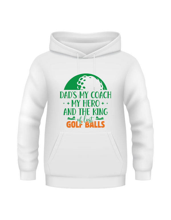 A white hoodie with a Cows Corner slogan, Best dad by par.