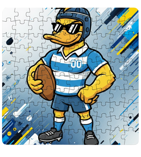 Cartoon duck character in sports attire on a puzzle with blue and yellow design. This is a Cows Corner customised jigsaw Cows Corner gifts are perfect for sport-mad fans, these gifts work brilliantly for birthdays, new baby celebrations, Father’s Day, Mother’s Day, Christmas, anniversaries, thank you gifts, end-of-season team awards, graduations, retirements, and just-because moments when you want to raise a smile. 