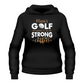 A black hoodie with a Cows Corner slogan saying Mums golf game is as strong as her coffee.