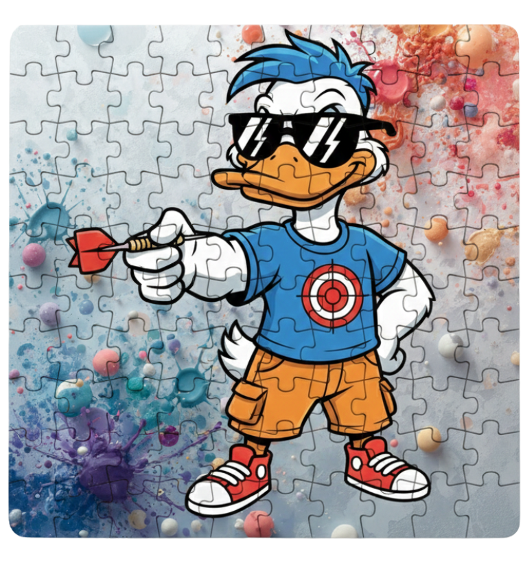 Puzzle with a cartoon character holding a dart against a colorful background. This is a Cows Corner customised jigsaw Cows Corner gifts are perfect for sport-mad fans, these gifts work brilliantly for birthdays, new baby celebrations, Father’s Day, Mother’s Day, Christmas, anniversaries, thank you gifts, end-of-season team awards, graduations, retirements, and just-because moments when you want to raise a smile. 