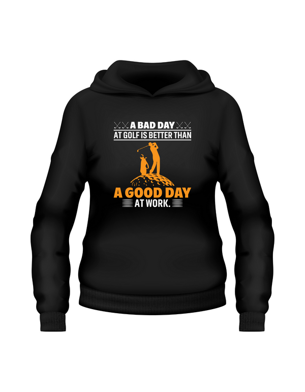 Black hoodie with golf-themed text and graphics on a white background with a Cows Corner slogan saying A bad day at the golf is better than a good day at work.