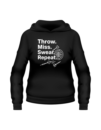 Black hoodie with white text and graphic on a white background with a Cows Corner slogan saying Throw, Miss, Swear, Repeat.