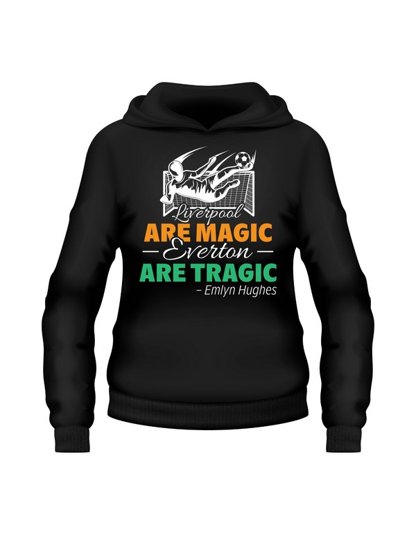 Black hoodie with text and graphic design on a white background with Cows Corner slogan, Liverpool are magic, Everton are tragic - Emlyn Hughes