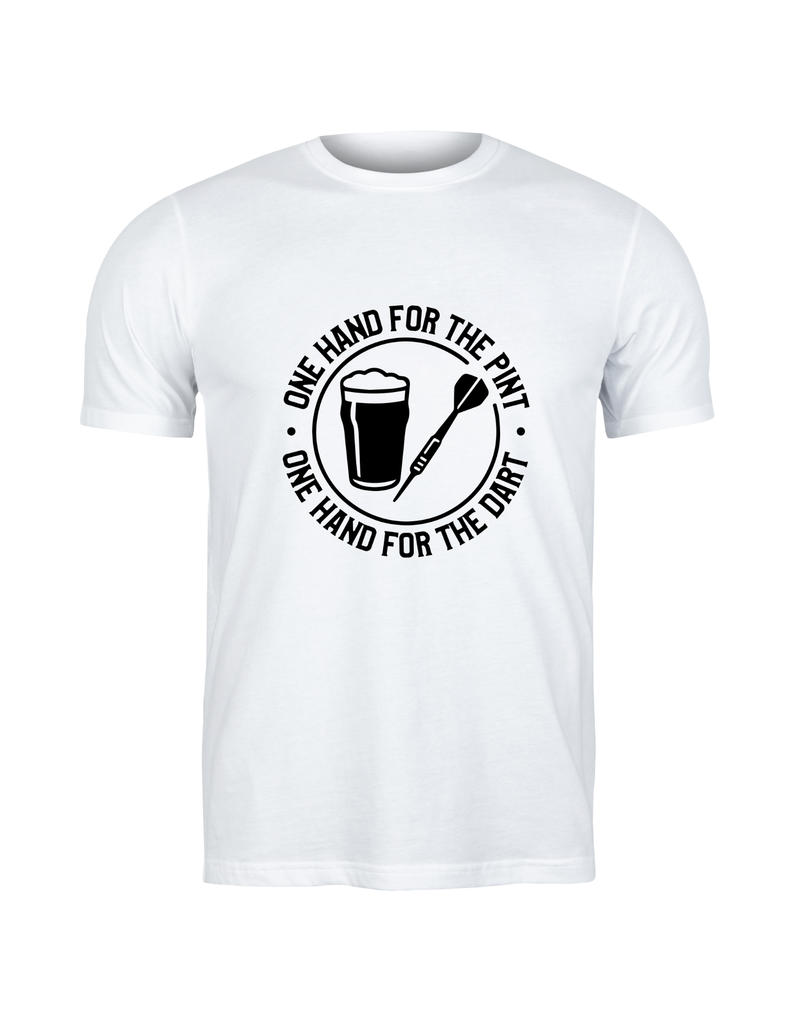 White t-shirt with black graphic and text on a white background with a Cows Corner slogan saying one hand for the pint one hand for the dart