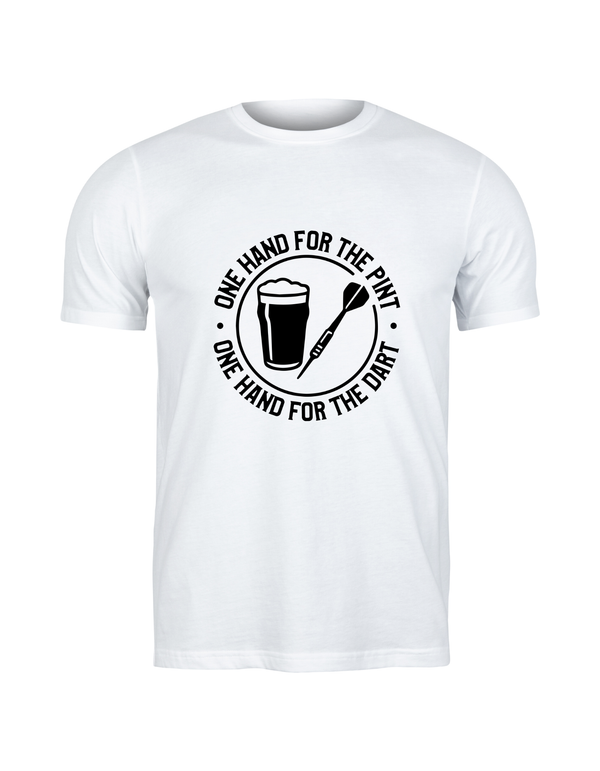 White t-shirt with black graphic and text on a white background with a Cows Corner slogan saying one hand for the pint one hand for the dart