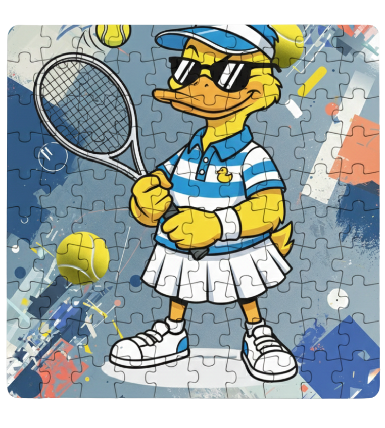 Jigsaw puzzle with a cartoon duck character playing tennis on a colorful background  This is a Cows Corner customised jigsaw Cows Corner gifts are perfect for sport-mad fans, these gifts work brilliantly for birthdays, new baby celebrations, Father’s Day, Mother’s Day, Christmas, anniversaries, thank you gifts, end-of-season team awards, graduations, retirements, and just-because moments when you want to raise a smile. 