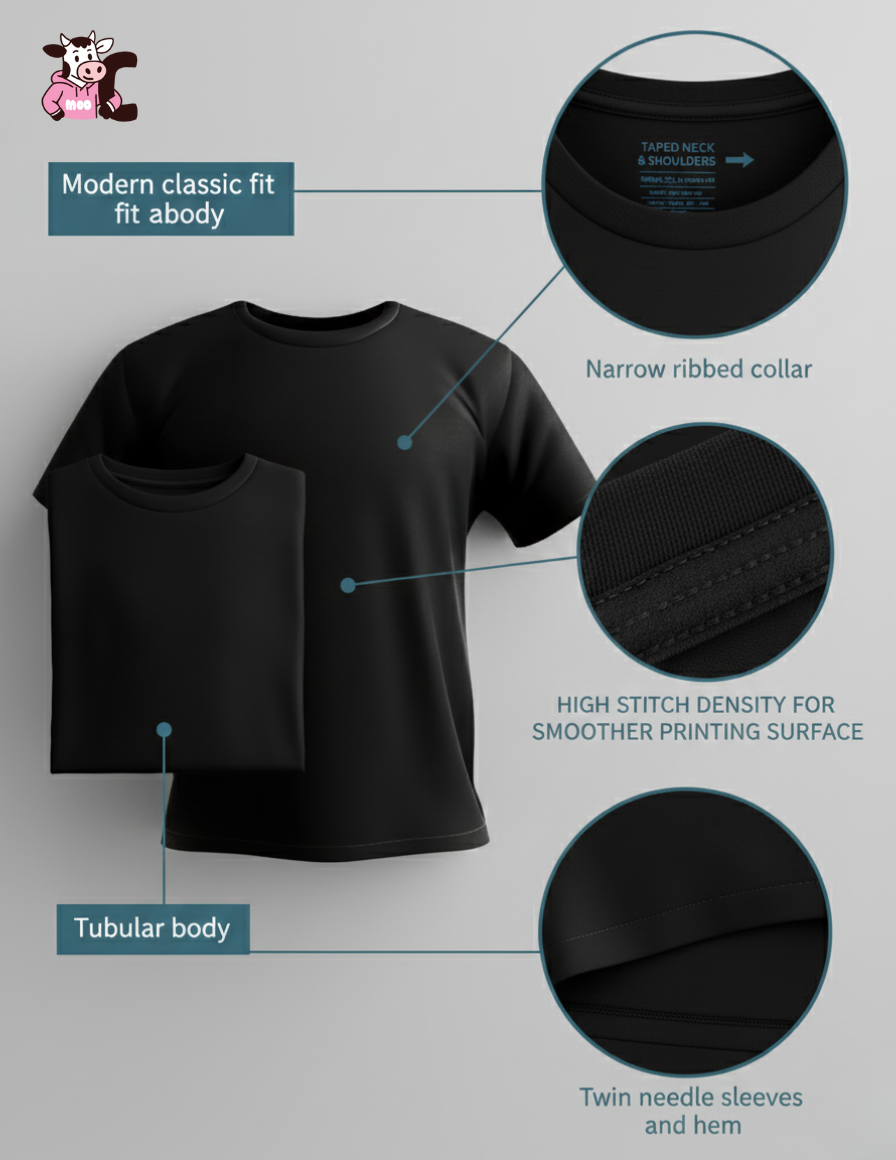 Black t-shirt with features highlighted on a gray background. The image showcases the key features of the T-shirt from Cows Corner