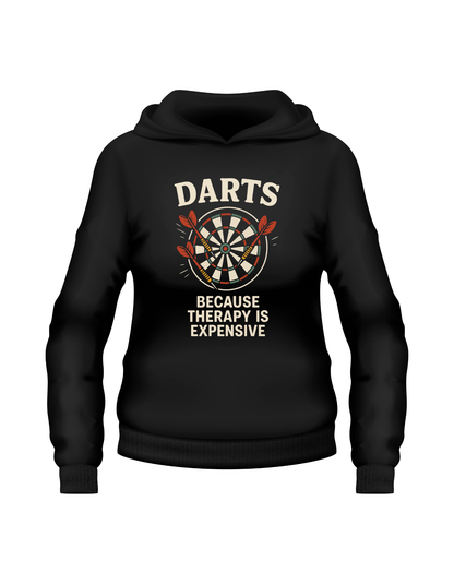 Black hoodie with dartboard graphic and text on a white background with a Cows Corner slogan saying Darts because therapy is expensive.