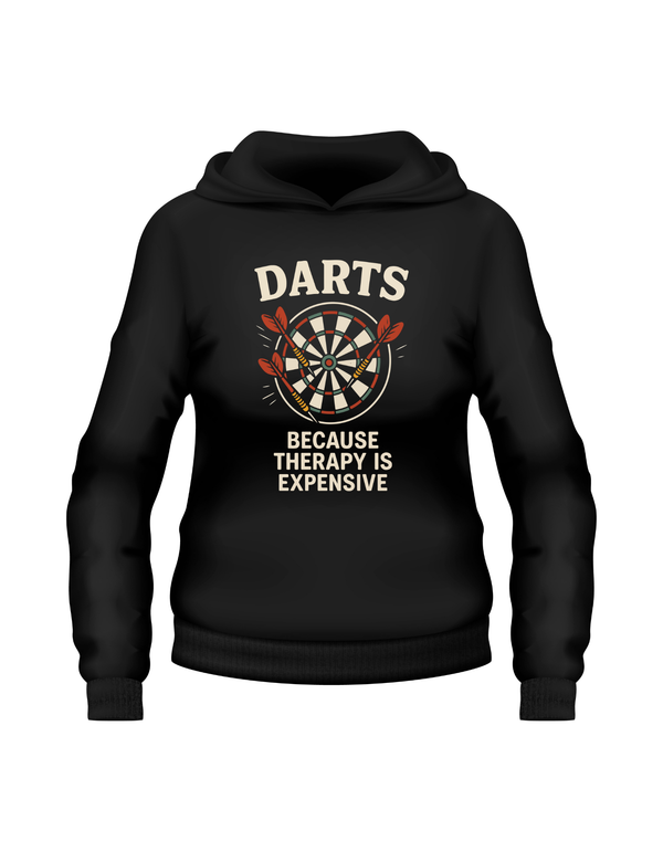 Black hoodie with dartboard graphic and text on a white background with a Cows Corner slogan saying Darts because therapy is expensive.