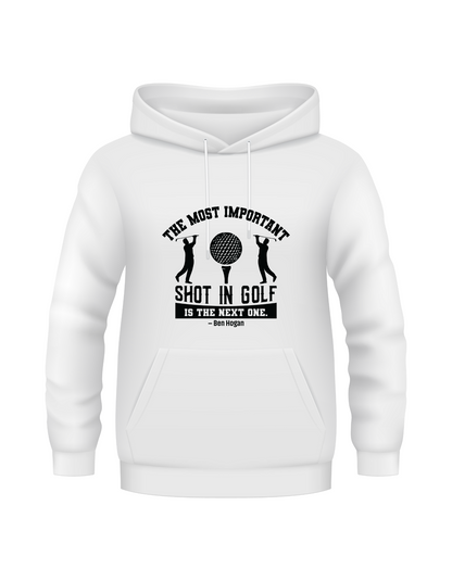 White hoodie with black graphic and text on a white background with a Cows Corner slogan saying White I die, bury me on the golf course so my husband will visit. 