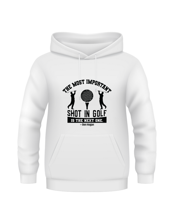 White hoodie with black graphic and text on a white background with a Cows Corner slogan saying White I die, bury me on the golf course so my husband will visit. 