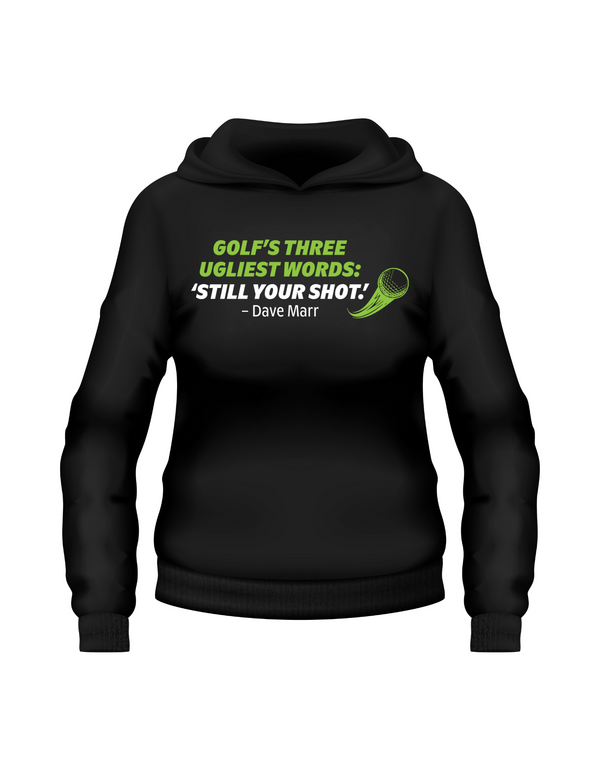 Black hoodie with golf-themed text and design on a white background with a Cows Corner slogan saying Golf, Three ugliest words, still your short - Dave Marr