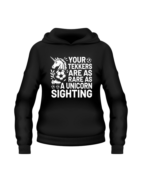 A black hoodie with the funny football and dad loving slogan on the front that reads 'I Get My Tekkers From Dad'