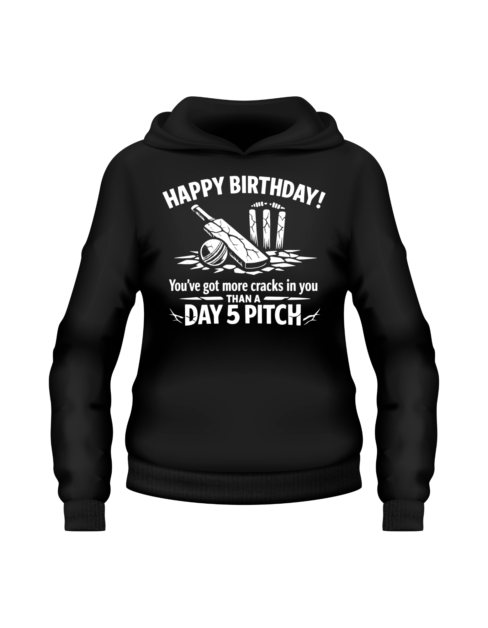 A Cows corner hoodie with the funny cricket birthday slogan that reads 'Happy Birthday! You’ve got more cracks in you than a Day 5 pitch'. Cows Corner gifts are perfect for sport-mad fans, these gifts work brilliantly for birthdays, new baby celebrations, Father’s Day, Mother’s Day, Christmas, anniversaries, thank you gifts, end-of-season team awards, graduations, retirements, and just-because moments when you want to raise a smile. 
