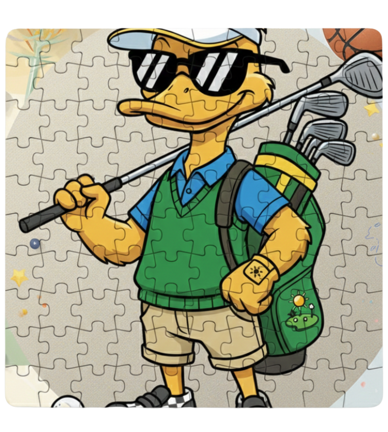 Jigsaw puzzle with a cartoon duck character holding golf clubs and a bag.  This is a Cows Corner customised jigsaw Cows Corner gifts are perfect for sport-mad fans, these gifts work brilliantly for birthdays, new baby celebrations, Father’s Day, Mother’s Day, Christmas, anniversaries, thank you gifts, end-of-season team awards, graduations, retirements, and just-because moments when you want to raise a smile. 