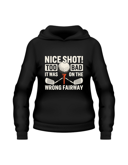 Black hoodie with golf-themed text and graphics on a white background