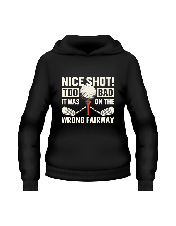 Black hoodie with golf-themed text and graphics on a white background