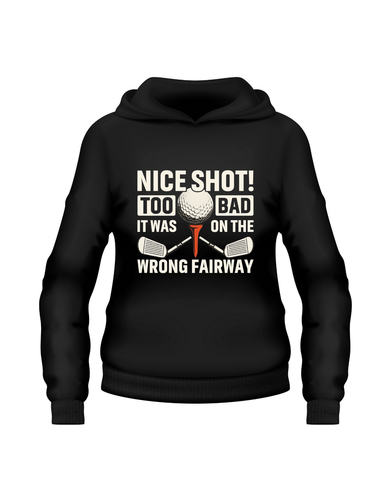 Black hoodie with golf-themed text and graphics on a white background