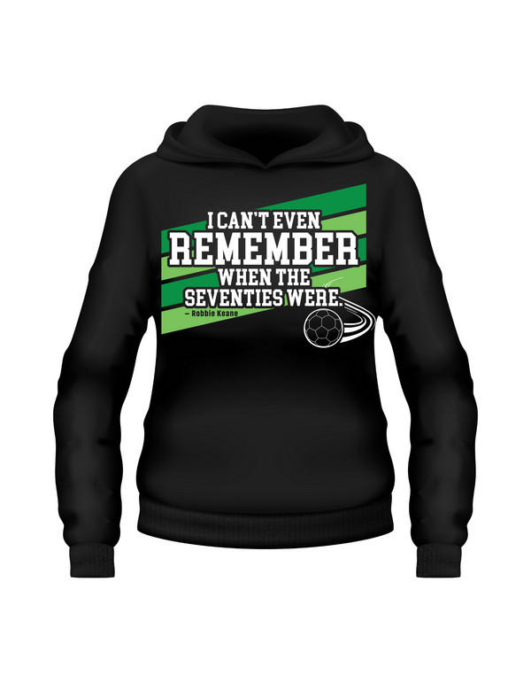 Black hoodie with a graphic design on a white background with Cows Corner slogan I can't even remember when the seventies were - Robbie Keane