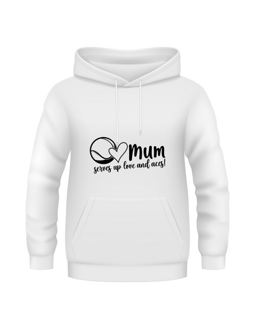 Mum Serves Up Love and Aces.  Funny Tennis Hoodie, Premium Fabric, Multiple Junior Sizes