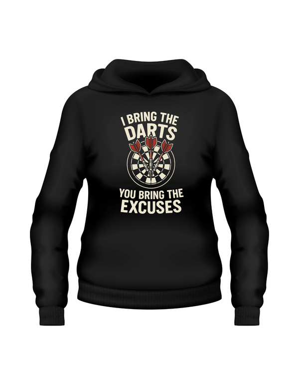 Black hoodie with a graphic design and text on a white background with the cows corner slogan saying I Bring the Darts You Bring the Excuses