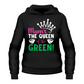 Black hoodie with colorful text design on a white background with a Cows Corner slogan, Mum's the queen of the green. 