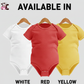 Three baby bodysuits in white, red, and yellow on hangers with text indicating availability and what colours you can print Cows Corner funny cricket, football, Tennis, golf, rugby and Darts slogans on - the perfect gift for all newborn sports fans and perfect for birthdays, baby showers, Christmas and christenings or just a thoughtful gift.