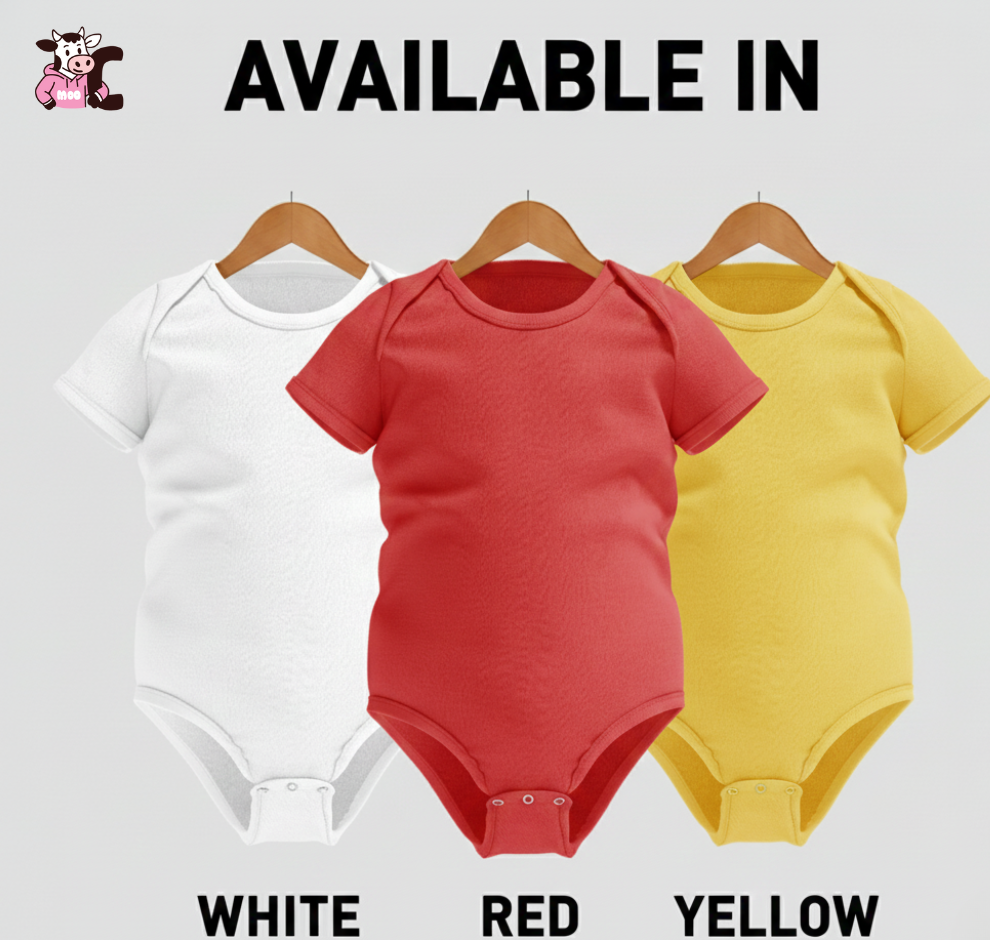Three baby bodysuits in white, red, and yellow on hangers with text indicating availability and what colours you can print Cows Corner funny cricket, football, Tennis, golf, rugby and Darts slogans on - the perfect gift for all newborn sports fans and perfect for birthdays, baby showers, Christmas and christenings or just a thoughtful gift.