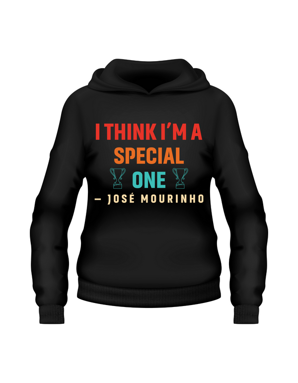 Black hoodie with colourful text quote on a white background with Cows Corner slogan I think I'm a special one - Jose Mourinho 