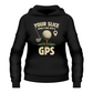 Black hoodie with golf graphic and text 'Your Slice Should Come with GPS' on a white background with a Cows Corner slogan saying Your slice should come with a GPS