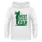 White hoodie with green graphic and text 'Best Dad by Par' on a white background with a Cows Corner slogan, Best dad by par.