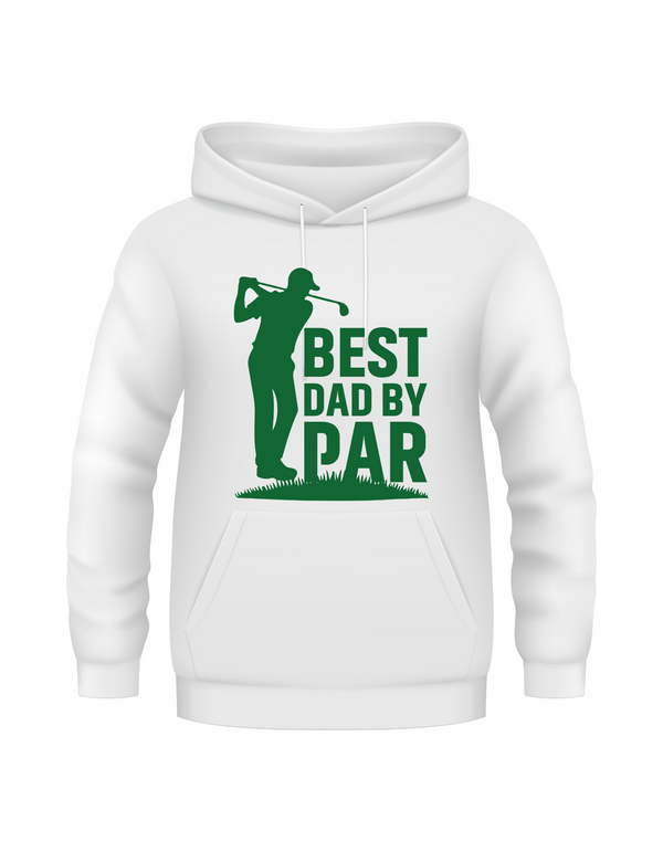 White hoodie with green graphic and text 'Best Dad by Par' on a white background with a Cows Corner slogan, Best dad by par.